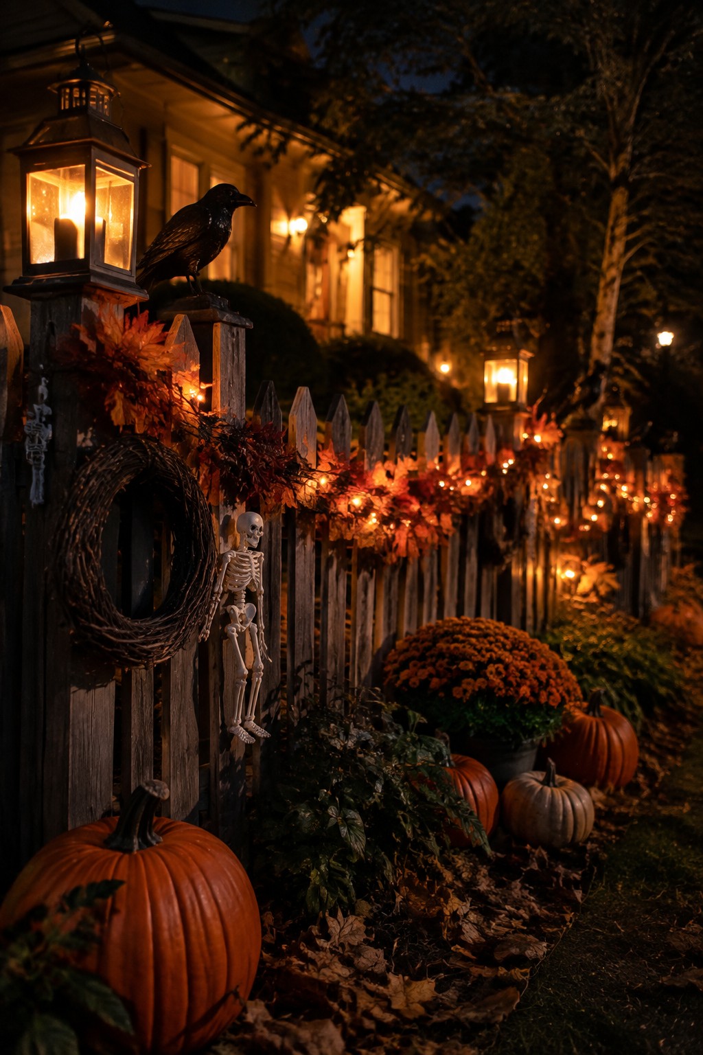Halloween fence with skeleton, crow, pumpkins, glowing lanterns, and autumn leaf garlands at night