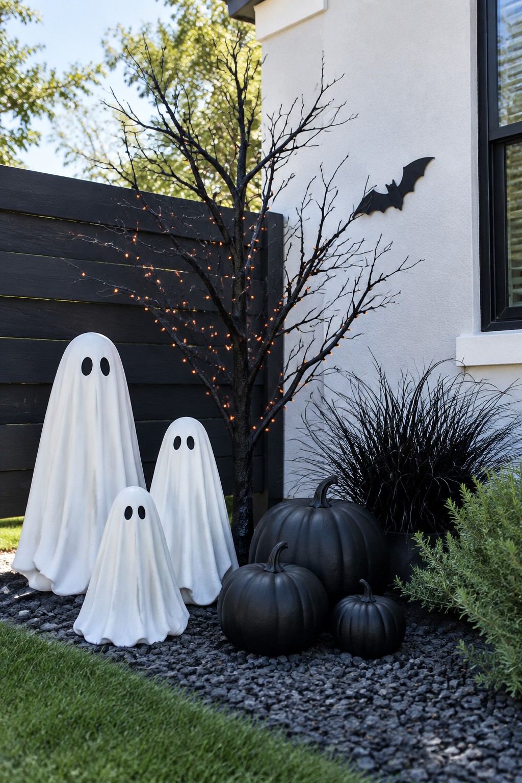Three white fabric ghosts stand together in a gravel yard next to black pumpkins, a lit tree, and a bat decoration on the wall.