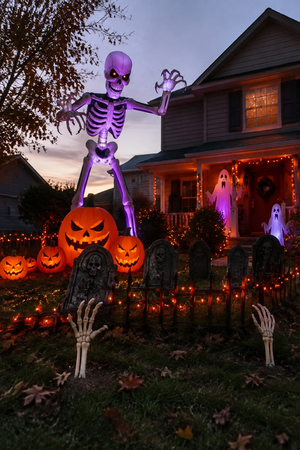 Giant purple skeleton looming over glowing pumpkins, tombstones, and string lights in twilight yard.
