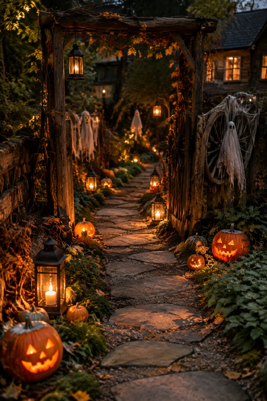 Stone walkway lined with carved glowing jack o lanterns, hanging ghost figures, and lanterns on both sides leading toward a wooden gate.