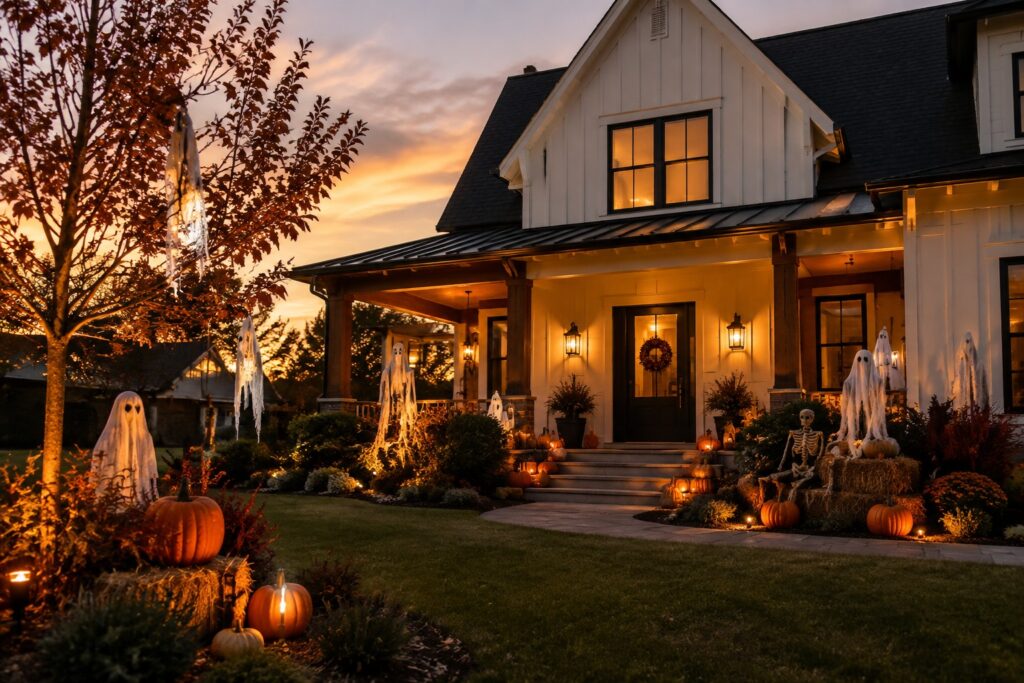 Front yard at dusk with several illuminated white ghost figures placed along the walkway and garden beds, along with carved jack-o'-lanterns and lanterns.