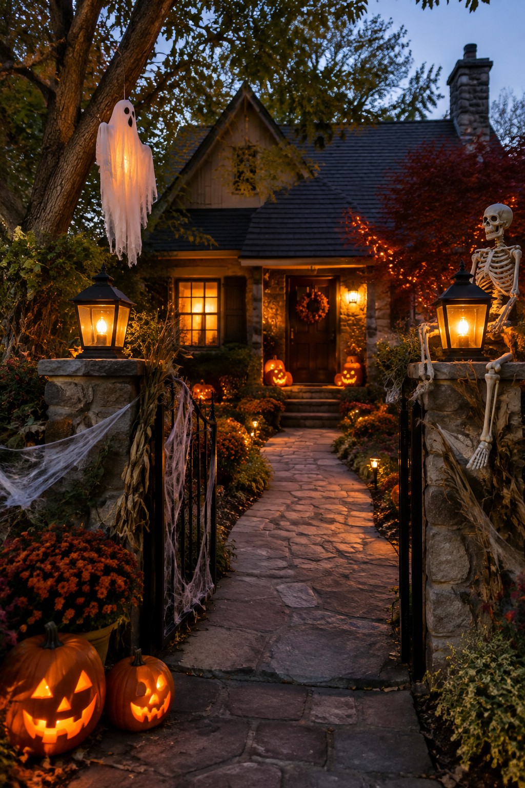 Stone walkway leading to a house entrance with a hanging ghost from a tree, a skeleton on a gate post, carved pumpkins, and spiderweb accents.