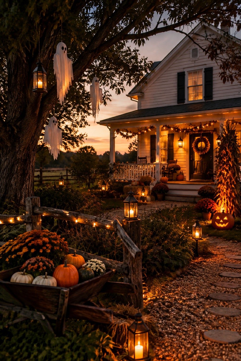Yard with several white sheet ghosts hanging from a large tree, pumpkins in a wheelbarrow, and a gravel path lined with lanterns leading to a decorated porch.