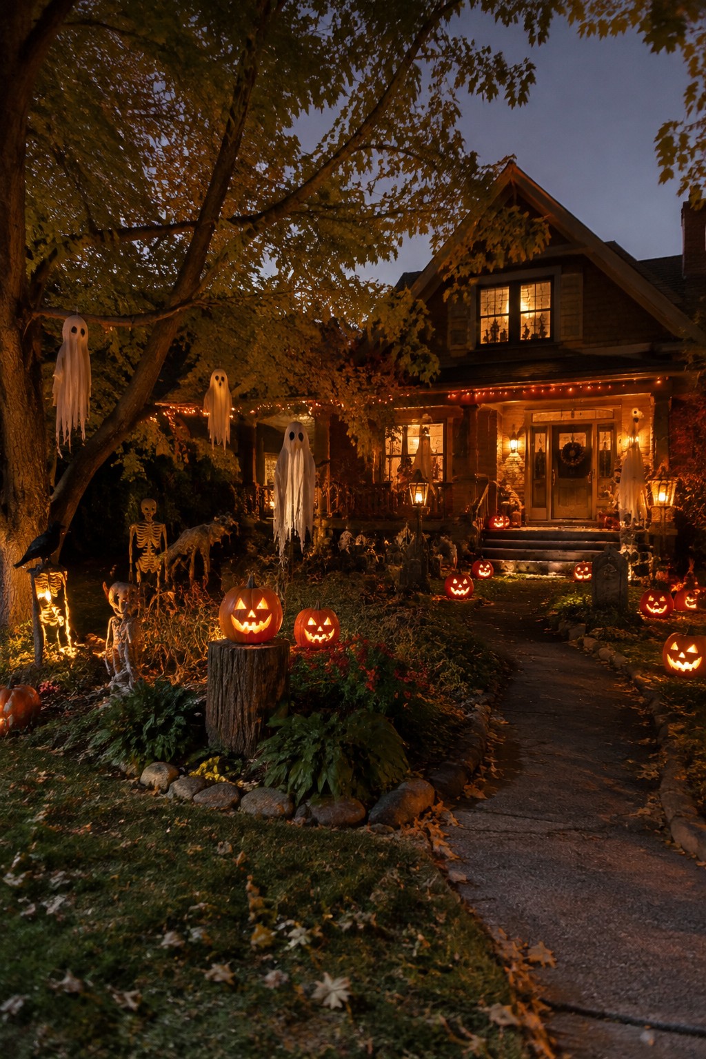 Front yard at dusk with multiple white sheet ghosts hanging from tree branches, carved jack-o'-lanterns lining a stone path, and skeleton figures placed among the shrubs.