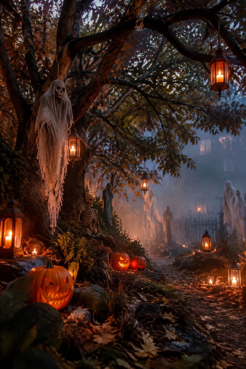 Foggy Halloween woods with glowing pumpkins, ghosts, skeletons, and hanging lanterns at dusk