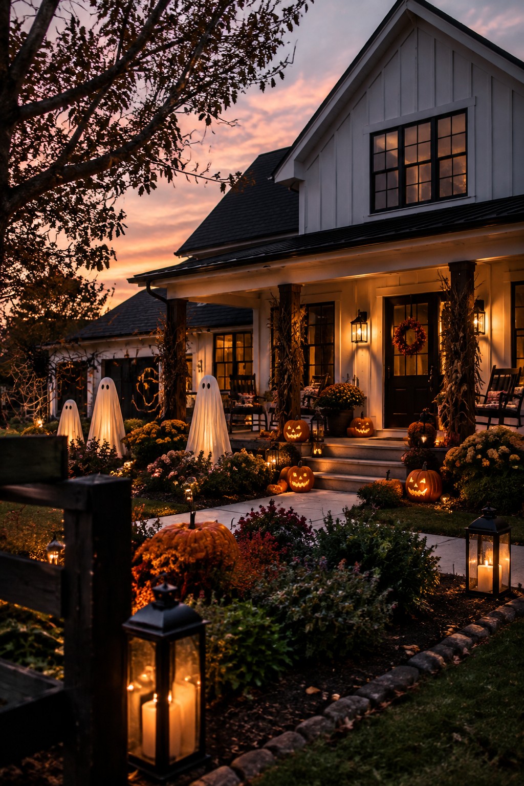 Front yard at dusk with several illuminated white ghost figures placed along the walkway and garden beds, along with carved jack-o'-lanterns and lanterns.