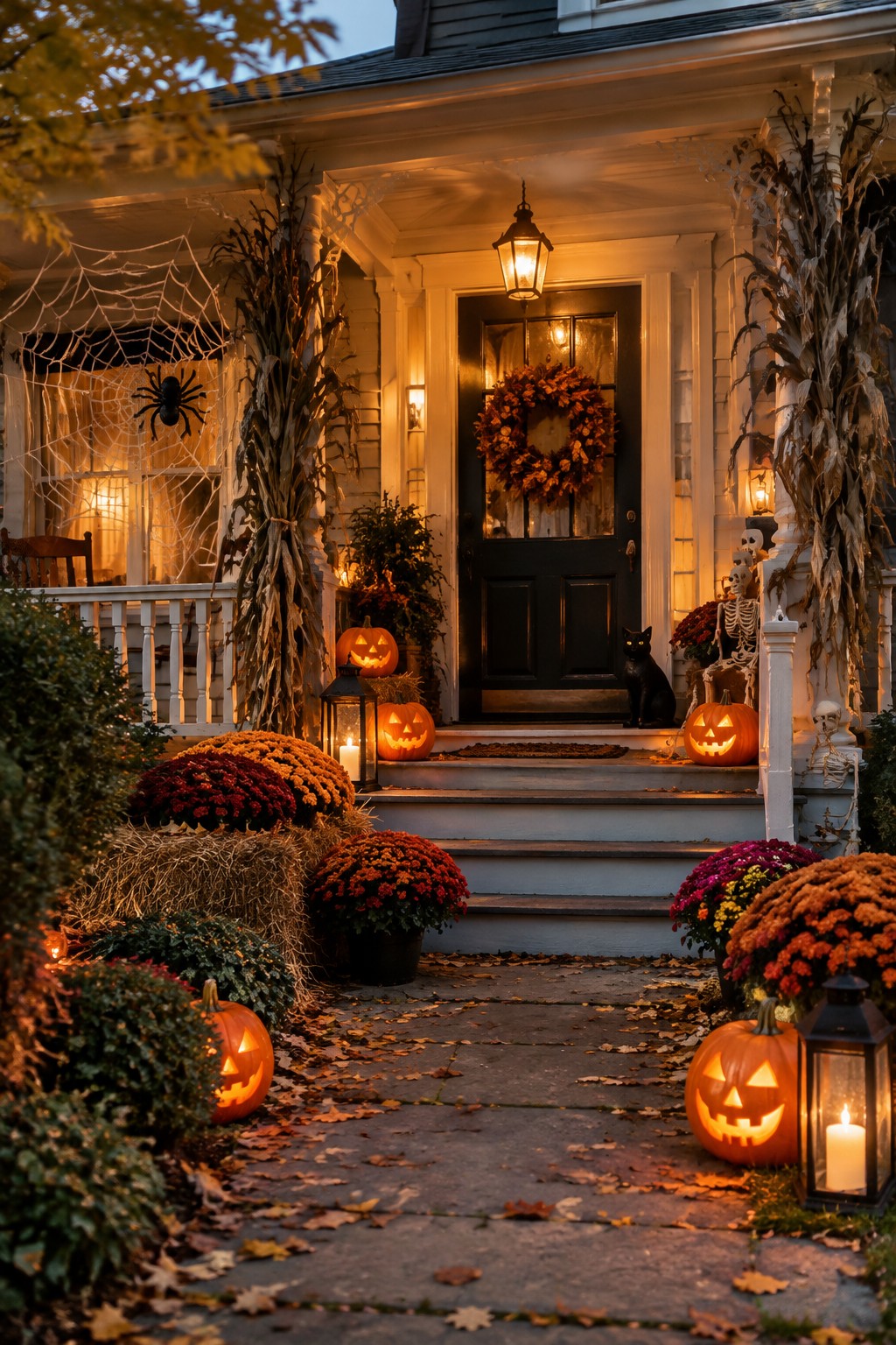 Front porch and walkway decorated with multiple glowing jack-o'-lanterns, skeletons, hay bales, and spiderwebs for Halloween.