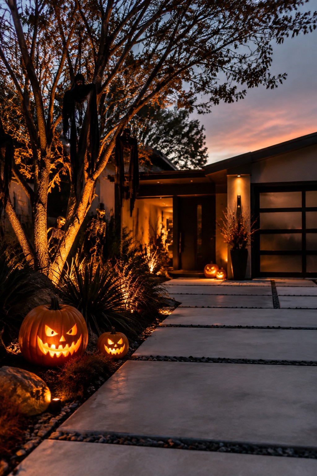 Front walkway lined with glowing carved pumpkins and hanging skeletons in a tree near a modern house entrance.
