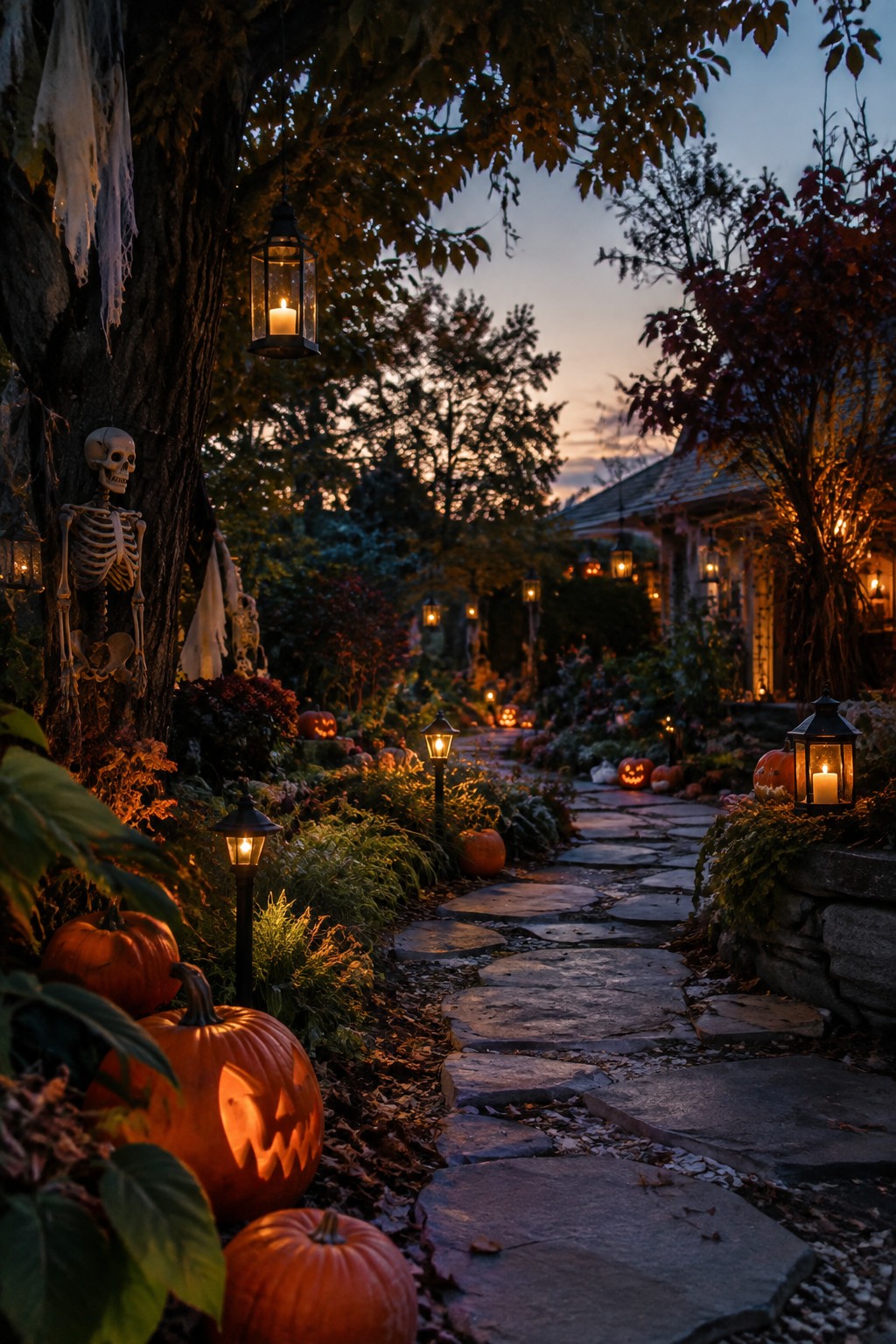 Stone walkway at dusk lined with glowing lanterns and carved pumpkins, with a skeleton decoration on a nearby tree.