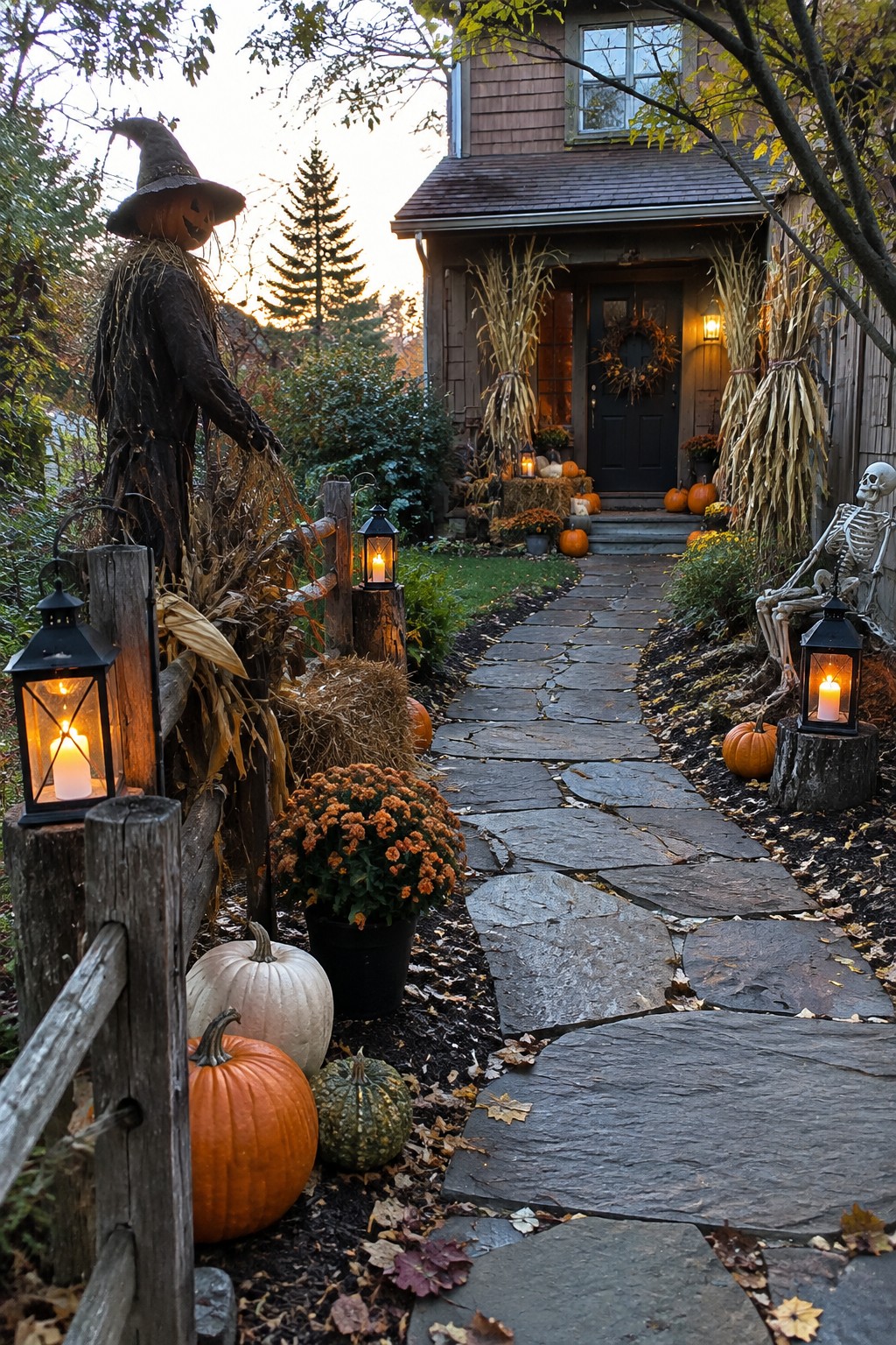 Stone walkway lined with a witch scarecrow on a fence post and a skeleton seated on a tree stump with a lantern, plus scattered pumpkins leading to a front door.