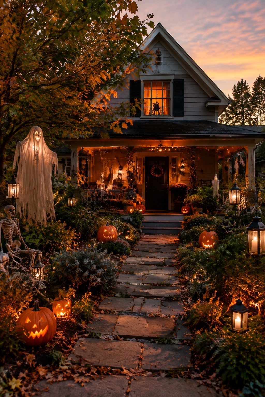 Stone walkway lined with carved glowing jack o lanterns and flanked by ghost and skeleton decorations leading to a decorated house porch.
