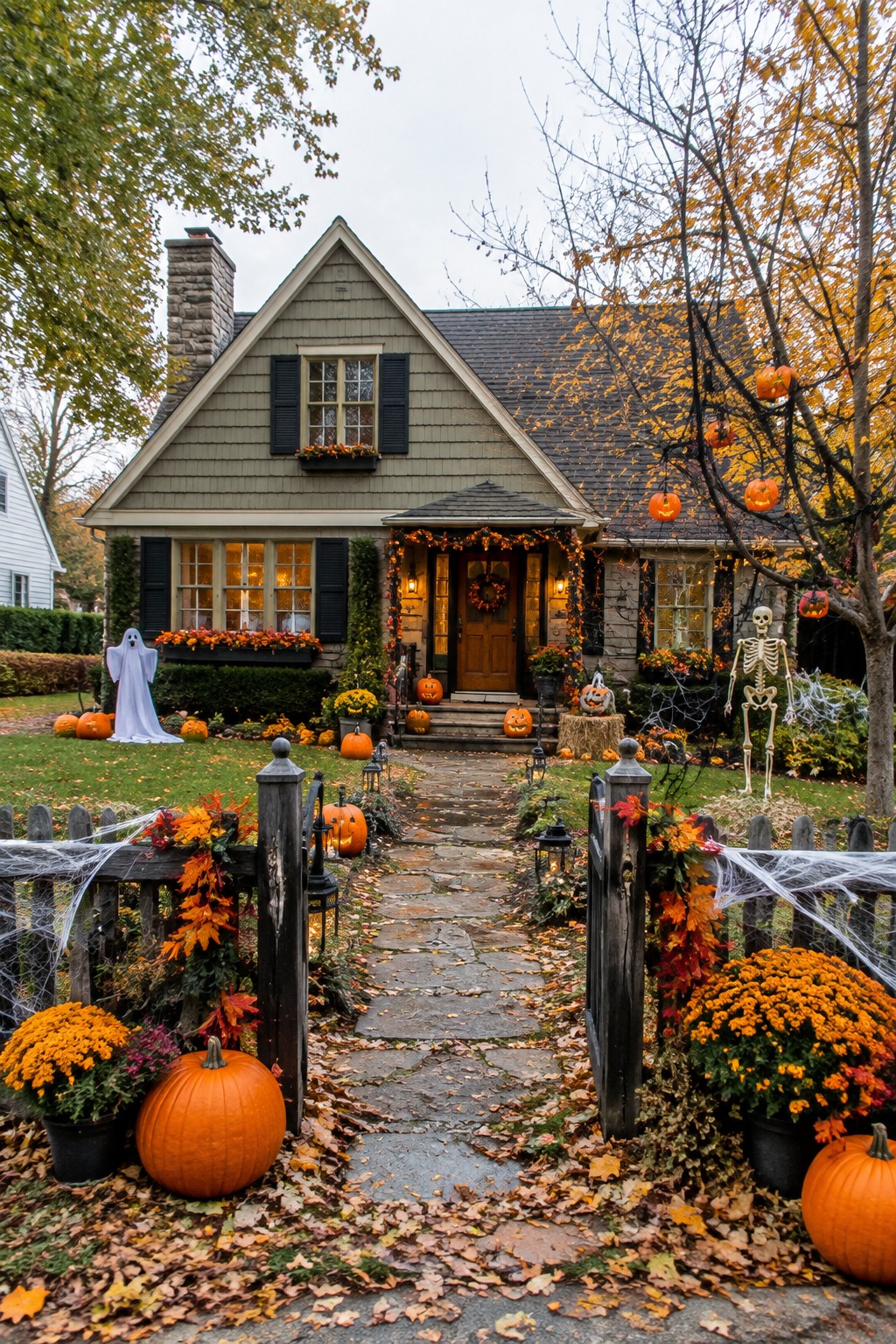 Halloween-decorated house with pumpkins, ghost, skeleton, and autumn leaves along stone path.