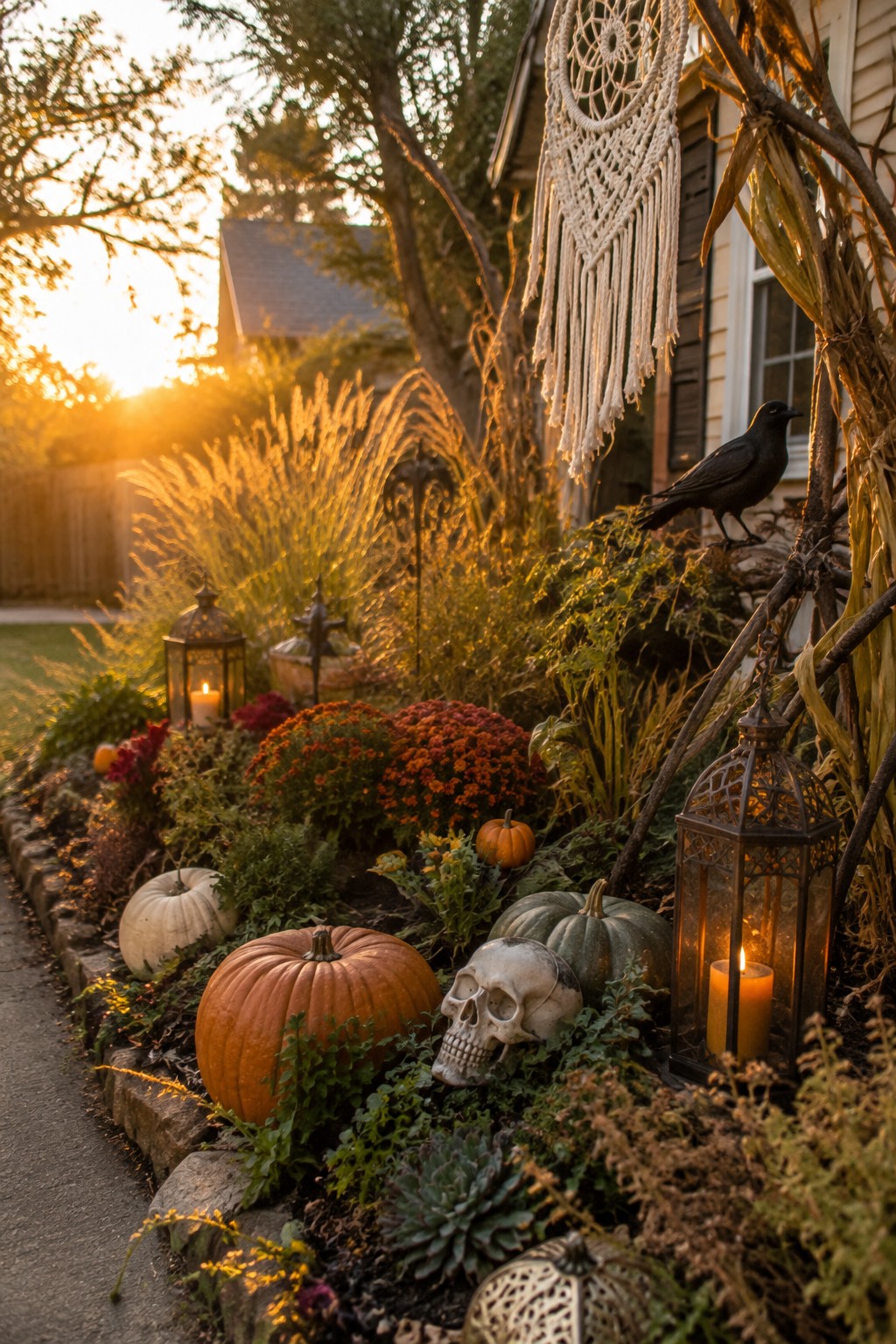 Front yard garden bed with a decorative skull, pumpkins, lit lanterns, and a black crow on dried corn stalks.
