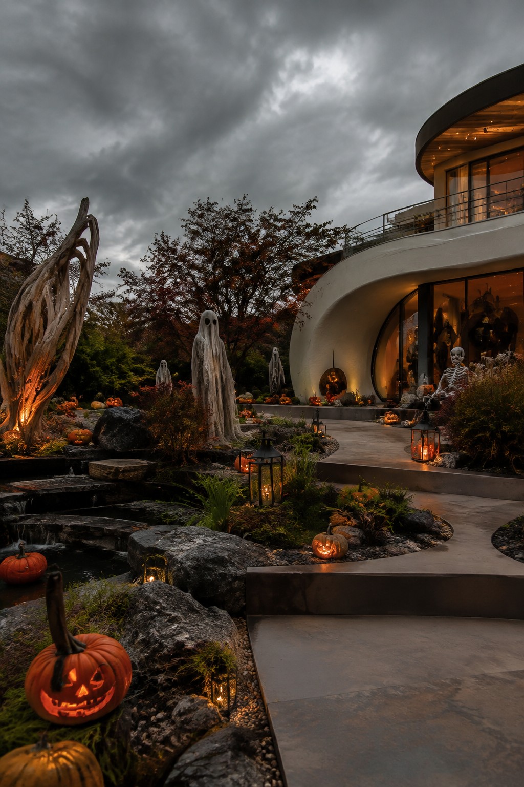 Modern yard at dusk with multiple white sheet ghosts, carved and lit jack o lanterns, and a skeleton figure placed along a stone path and garden area.