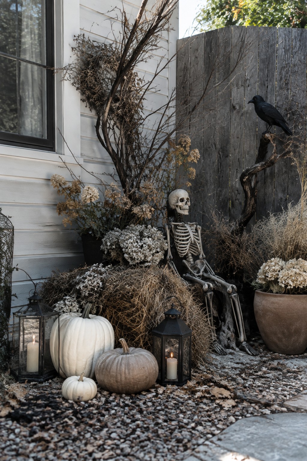 Yard corner with a seated skeleton decoration, a black crow on a branch above it, and white pumpkins with lanterns at the base.