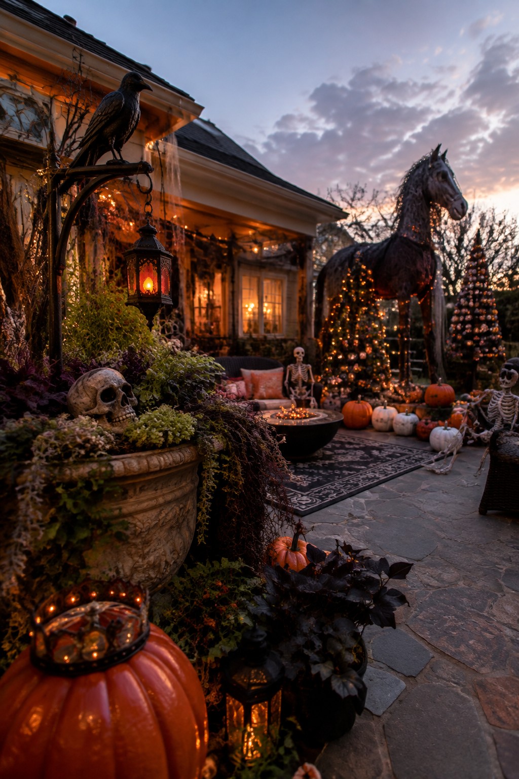 Backyard patio with a large skeleton horse figure, smaller skeletons, skulls, pumpkins, and lanterns arranged on a stone surface near a house.