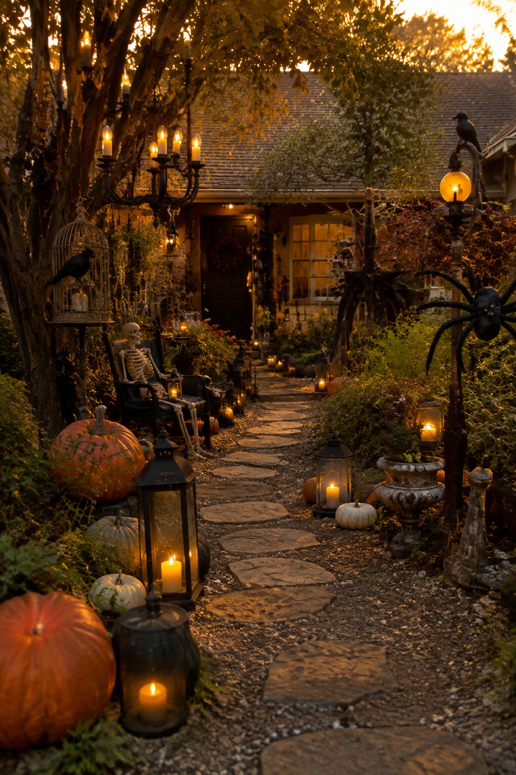 Stone walkway lined with black lanterns and pumpkins leading to a front porch with a skeleton seated in a chair, a birdcage, a large spider decoration, and a crow on a lamp post.