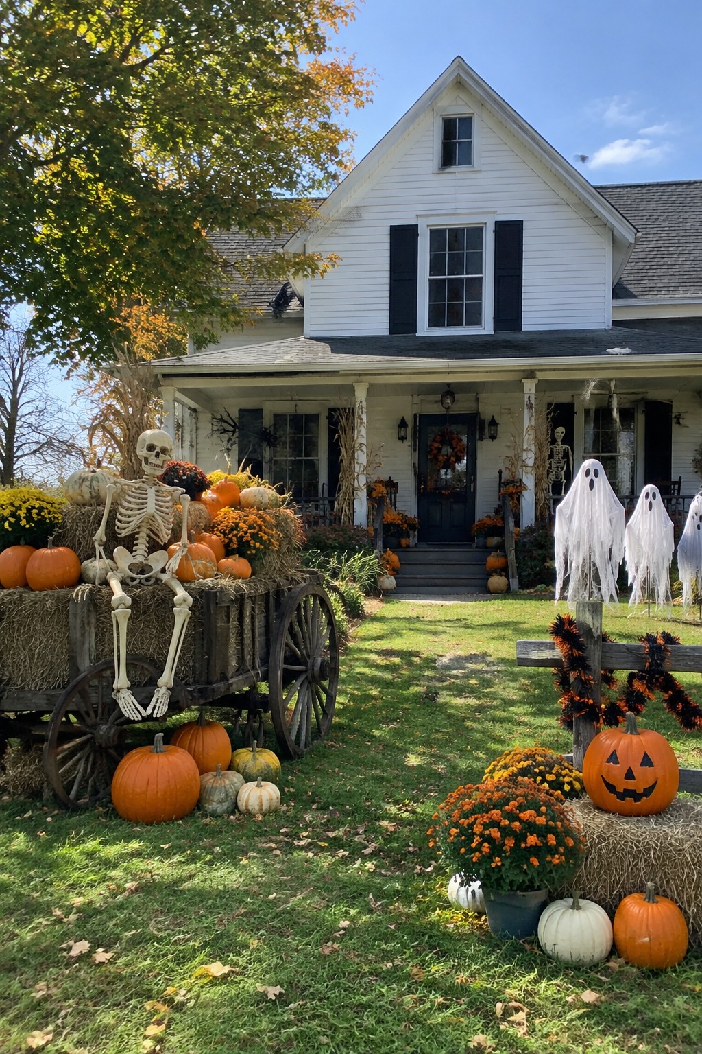White farmhouse with skeleton on hay wagon, pumpkins, ghosts, and fall decorations.