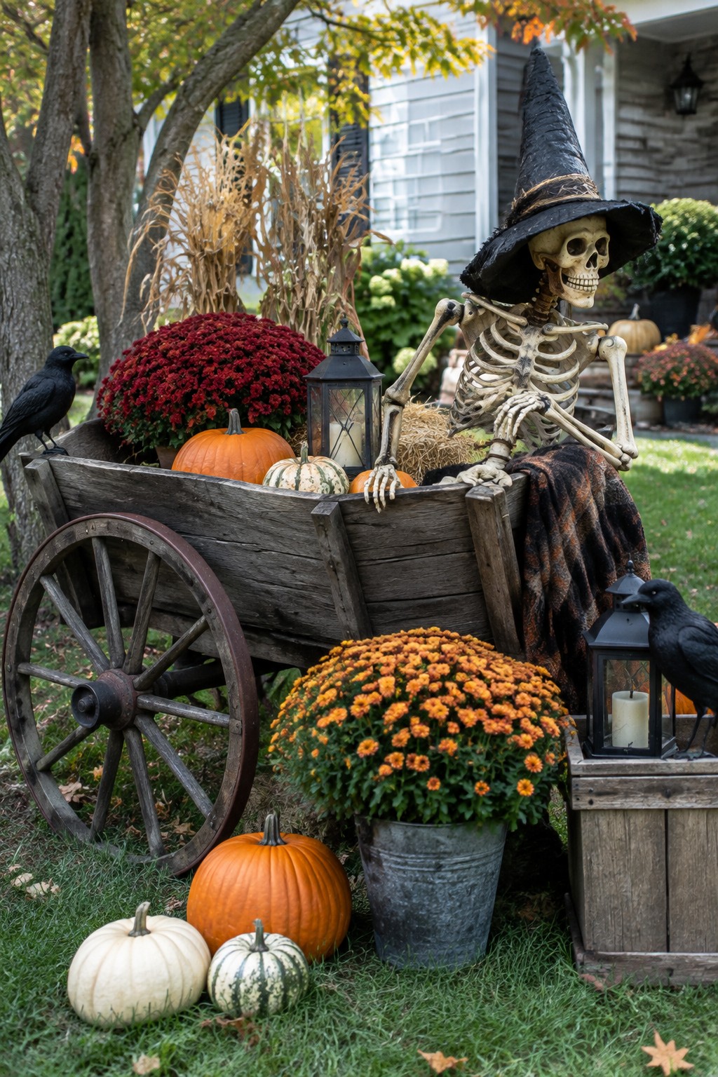 Skeleton witch in black hat sits in wooden wagon amid pumpkins, mums, and crows.