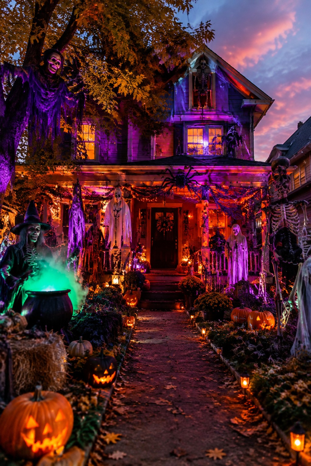 Front porch and walkway covered with multiple standing and hanging skeletons, white ghosts, a witch figure with a glowing cauldron, a large spider decoration, and carved pumpkins.