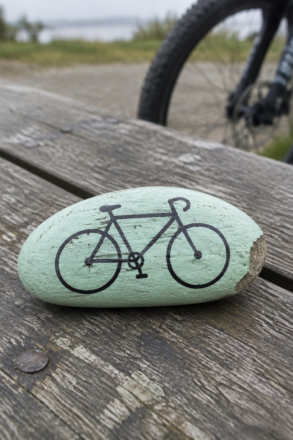 Light green painted rock with black bicycle on wooden planks near blurred tire