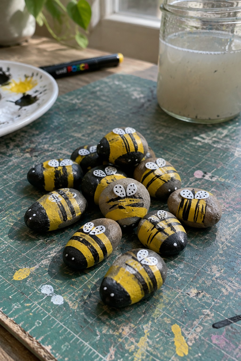Painted bee rocks in yellow and black on green work surface with art supplies