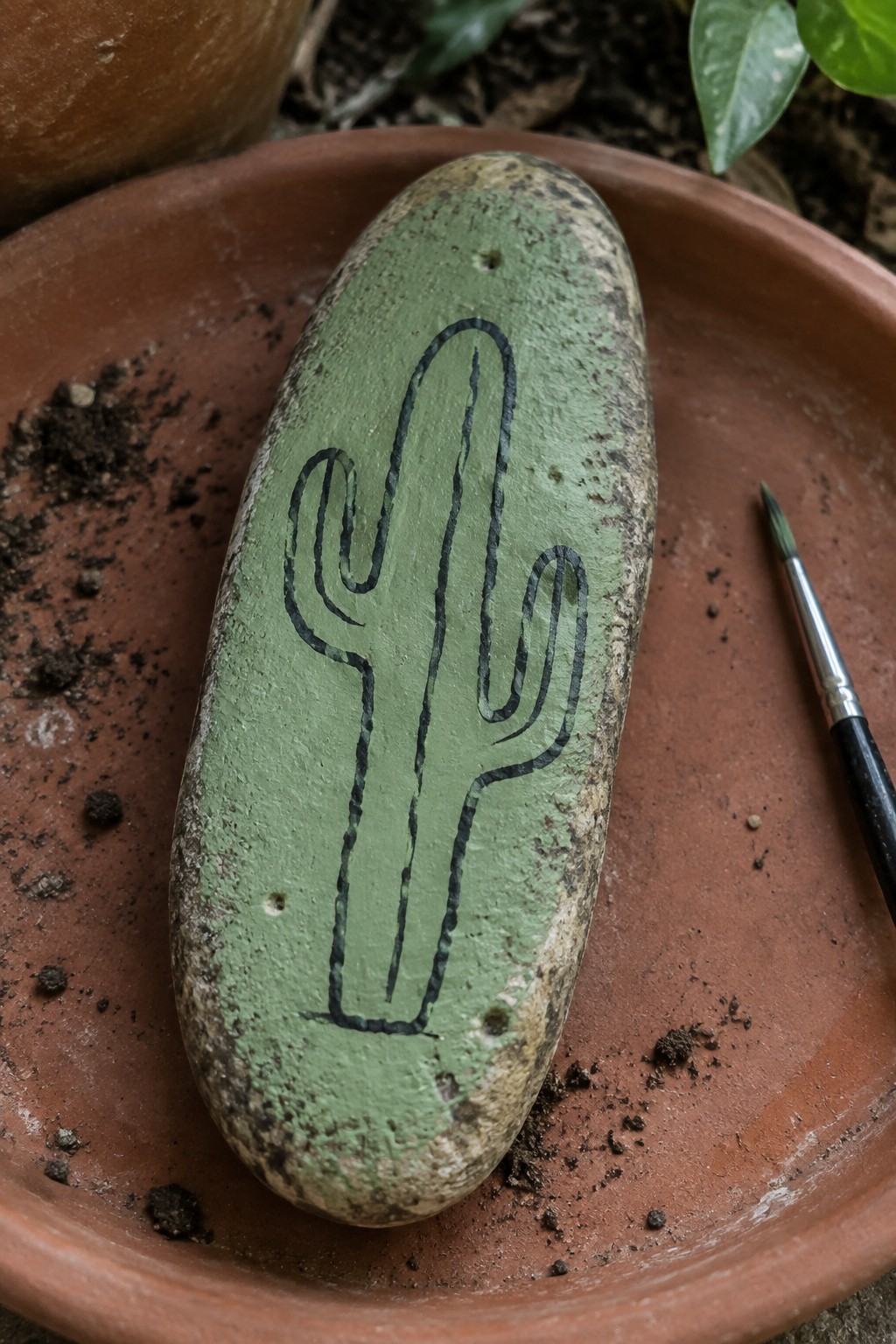 Green painted rock with black cactus outline in terracotta dish beside paintbrush