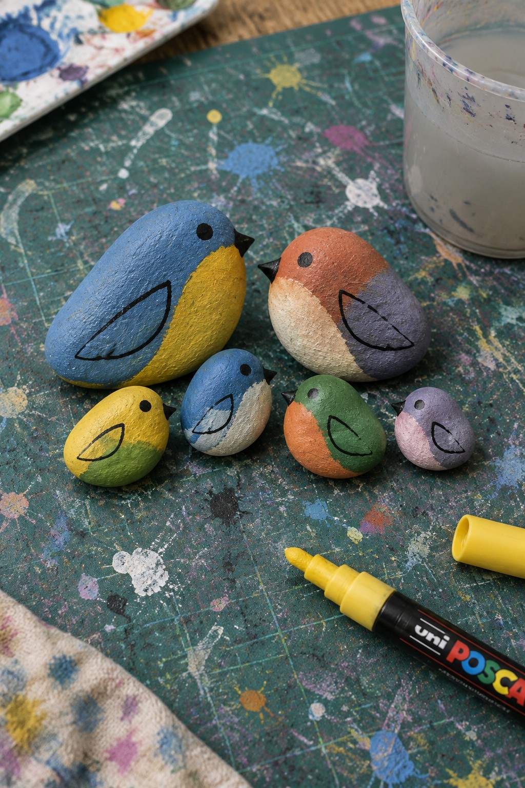 Vibrant painted bird-shaped rocks with yellow Posca marker on splattered green mat
