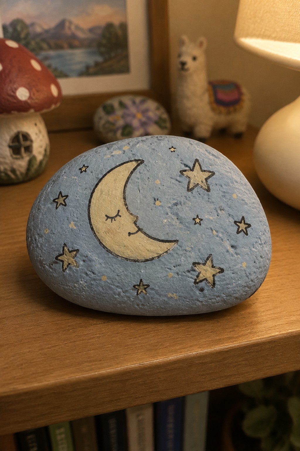 Blue painted rock with smiling crescent moon and stars on wooden shelf