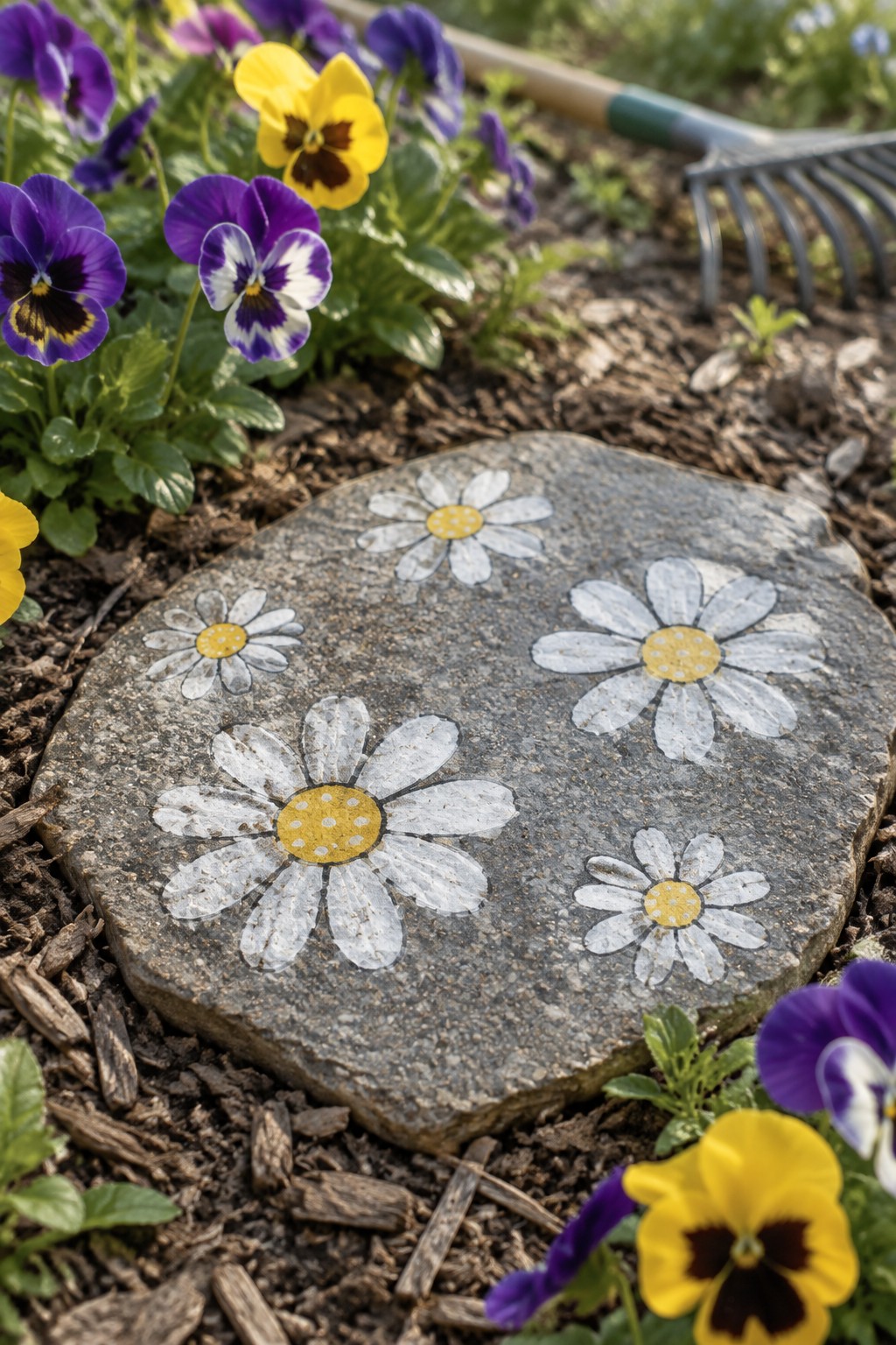 A flat gray stone painted with white and yellow daisies sits among purple and yellow pansies in a garden bed.