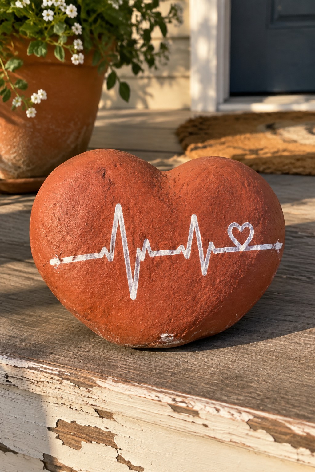Red heart-shaped rock with white heartbeat line on wooden porch