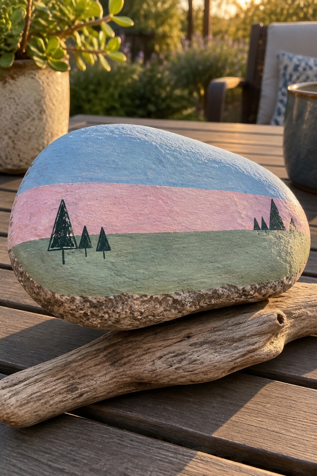Painted rock with blue sky, pink band, green field and black trees on driftwood.