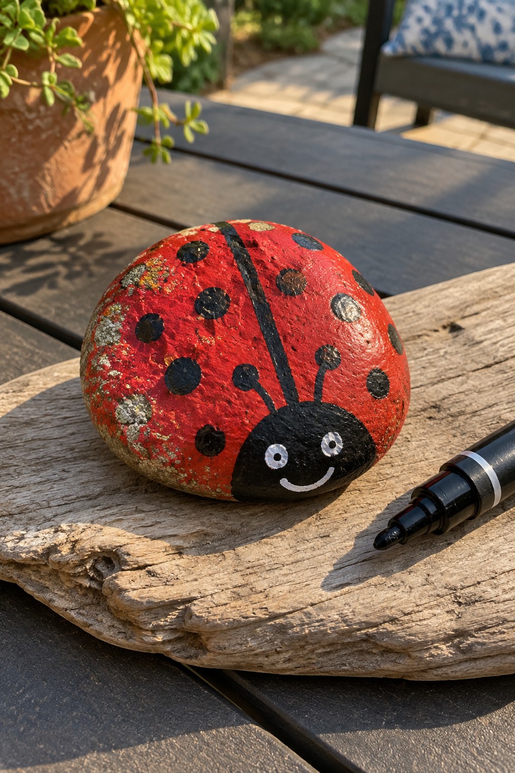 Painted red ladybug rock with smiling face on driftwood beside black marker.
