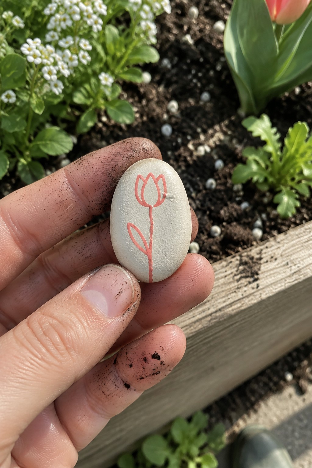 Soil-covered hand holding white pebble painted with simple pink tulip