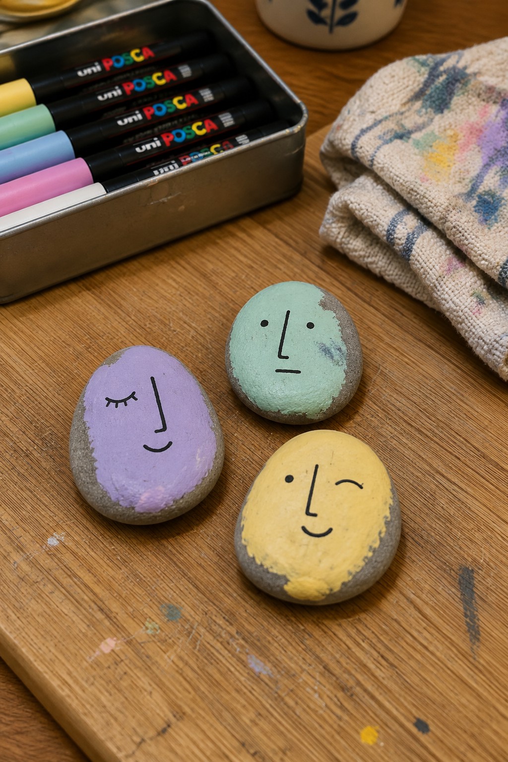 Three face-painted rocks in purple, green, and yellow beside Posca markers and cloth.