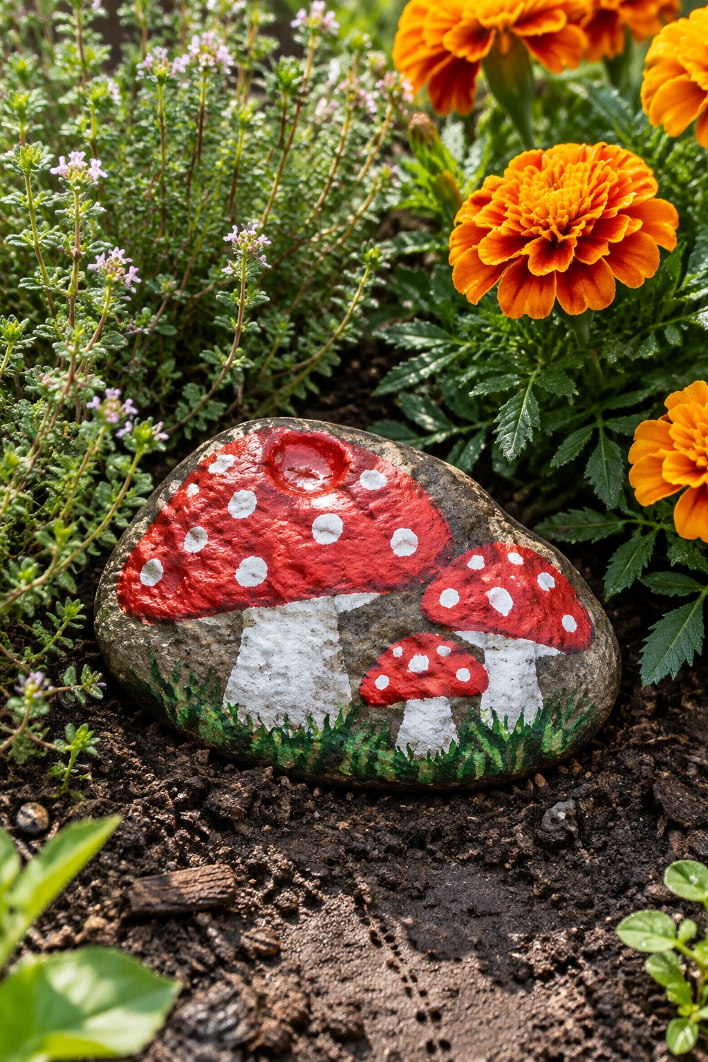A rock painted with red mushrooms and white dots rests on soil in a garden next to orange flowers.