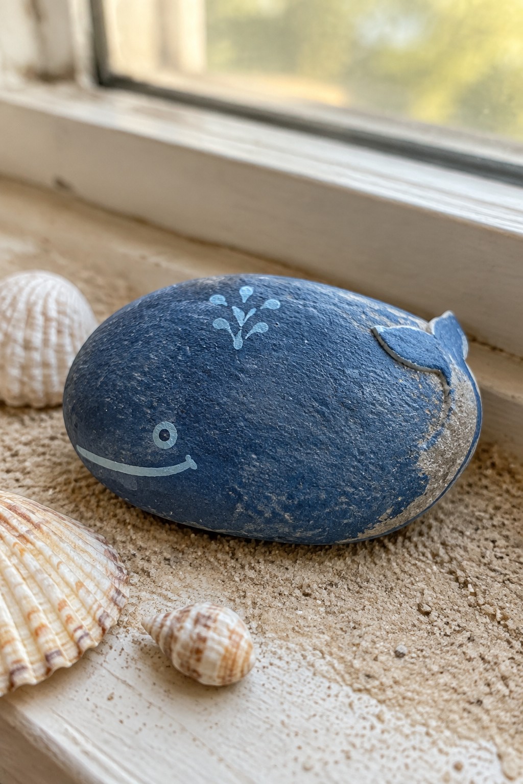 Blue painted whale rock on sandy windowsill with seashells nearby