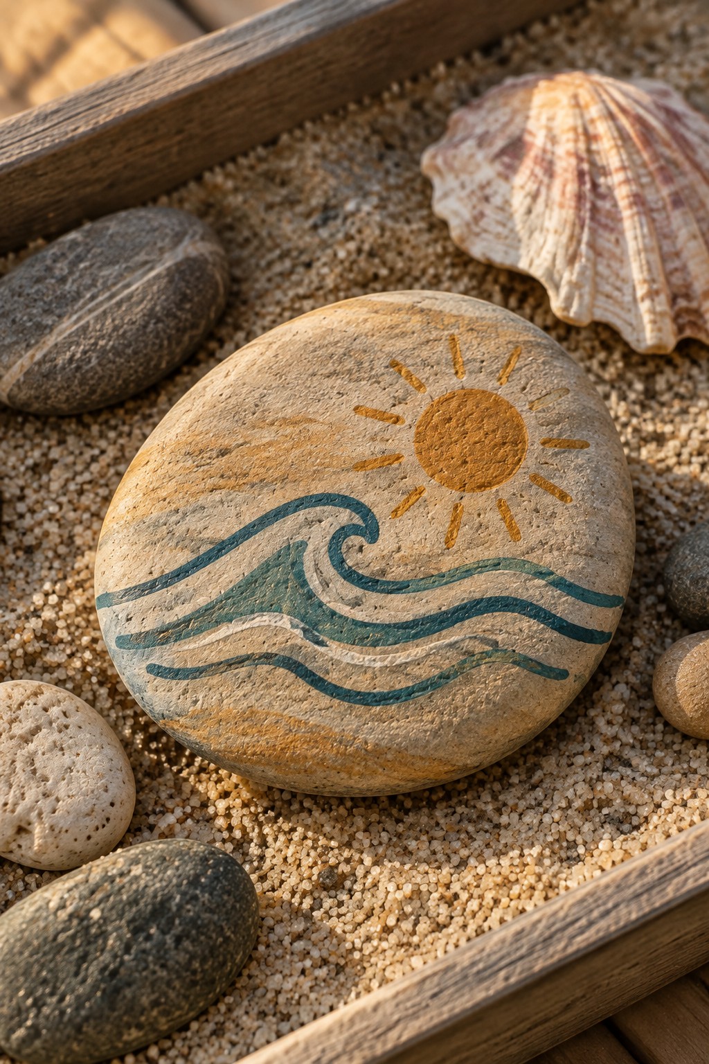 Painted stone with sun and waves rests in sand near seashell and pebbles.
