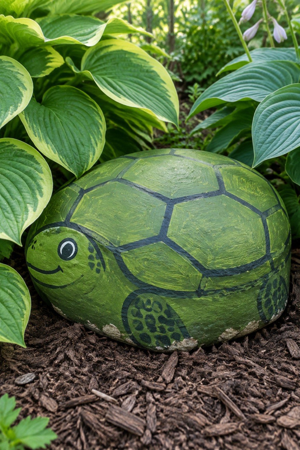 A green painted rock shaped like a turtle sits in a garden bed among large leafy plants and brown mulch.