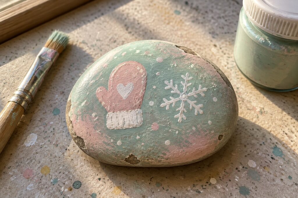 25 Frosty Christmas Stone Art Ideas Featuring Snowflakes and Mittens Painted mint-green rock with pink mitten, white snowflake, and dots beside paintbrush and jar.