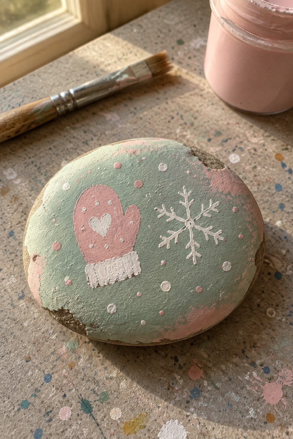 Painted mint-green rock with pink mitten, white snowflake, and dots beside paintbrush and jar.
