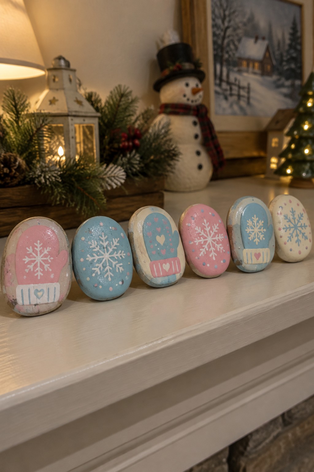 Five rocks painted with pink and blue mittens and snowflakes on white mantel