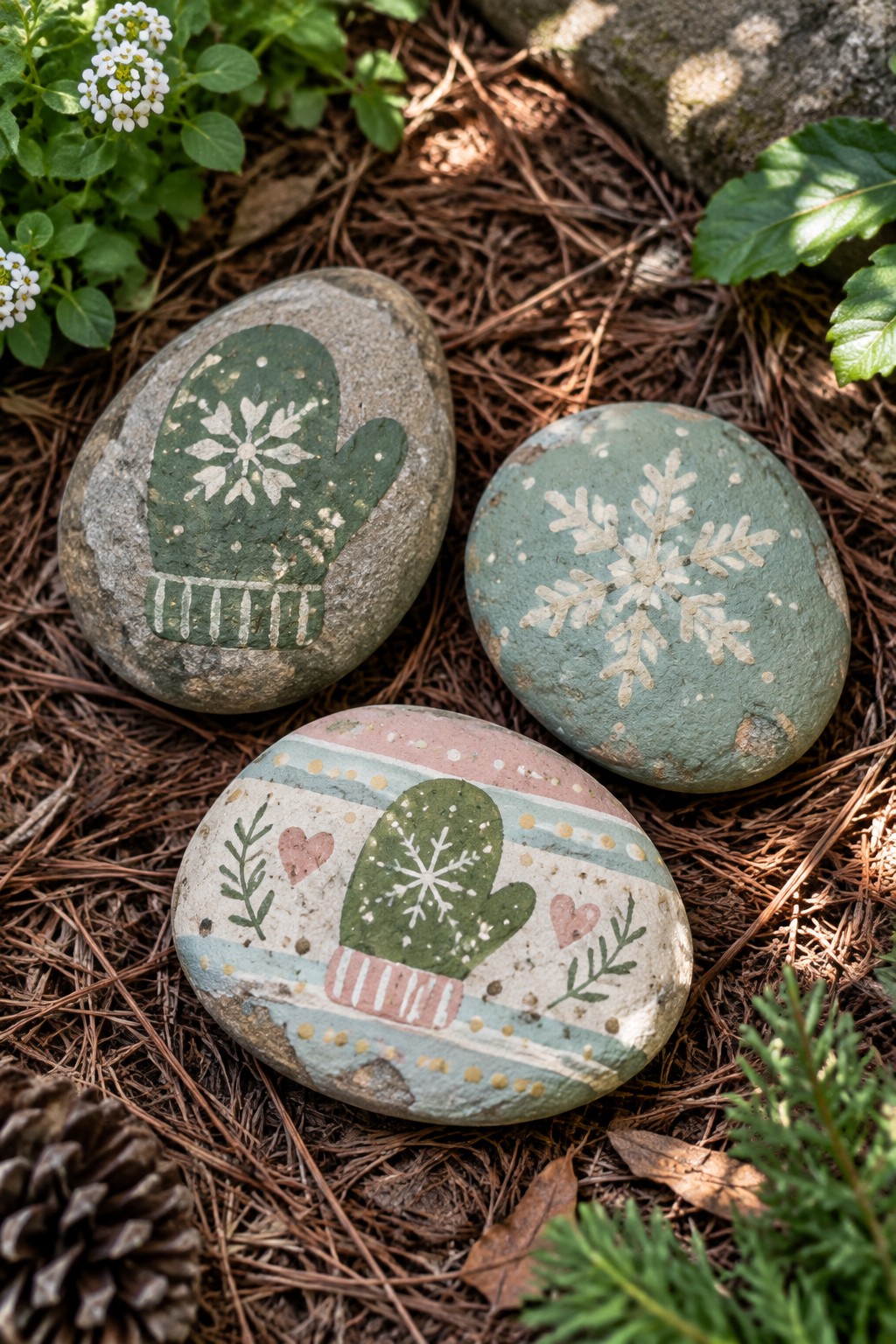 Three painted rocks with mitten and snowflake designs on pine needles