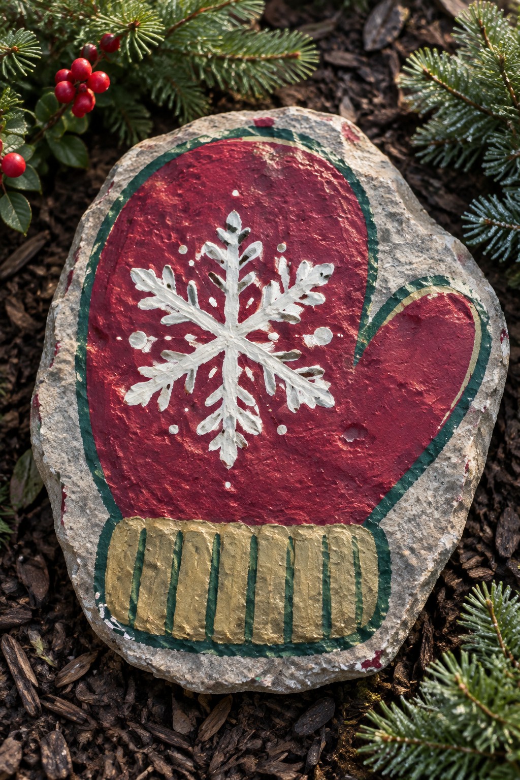 Painted rock as red mitten with white snowflake, gold cuff, amid pine branches.