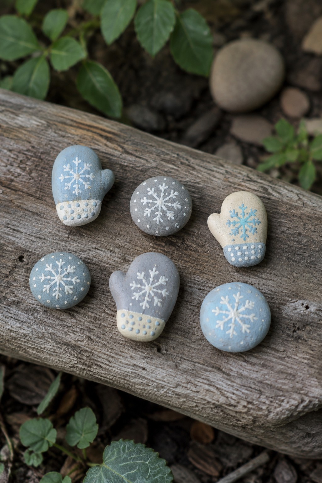 Painted rocks shaped as blue mittens and snowflakes on weathered wood outdoors.