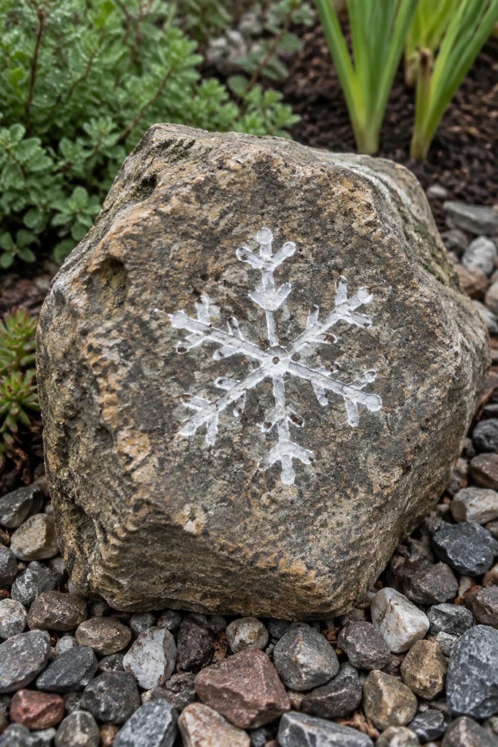 Large rock with white snowflake painted on it amid garden pebbles and plants