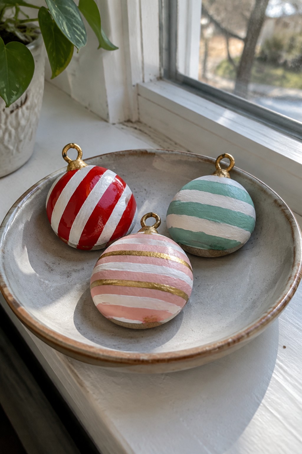 Three striped painted ornaments in red, pink, and teal inside a ceramic bowl