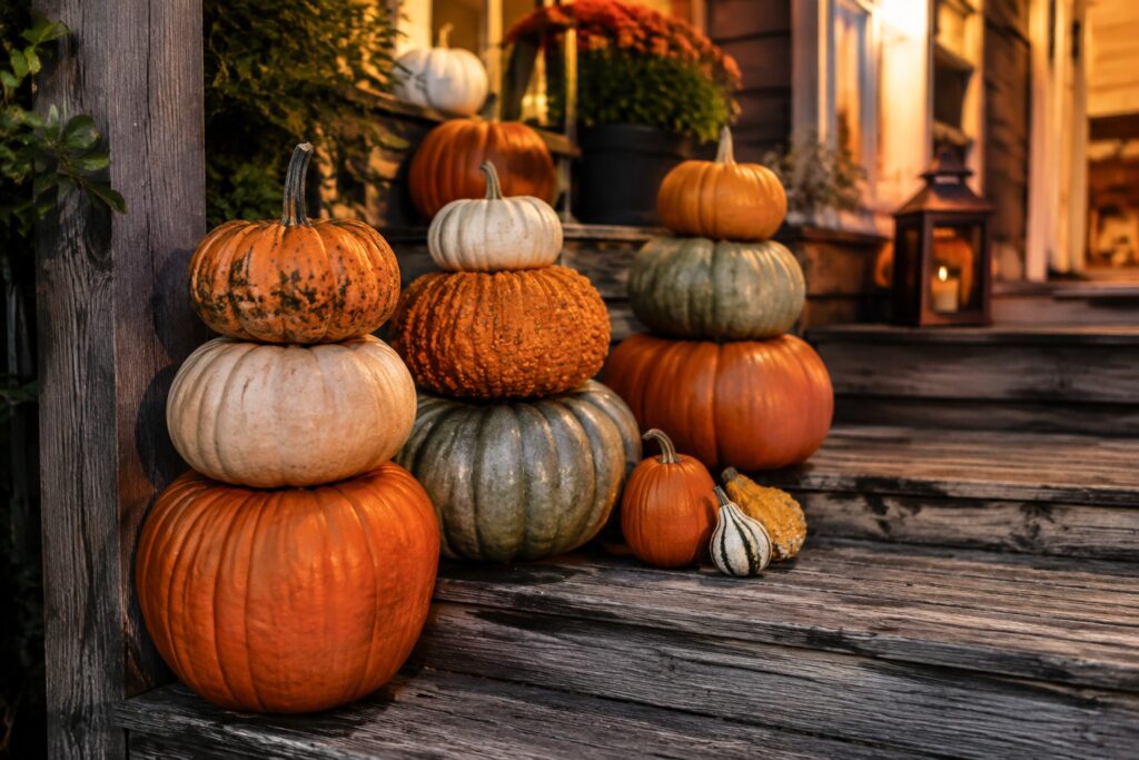 Stacked pumpkins of various colors and sizes arranged in a tower on wooden porch steps, surrounded by lanterns and autumn flowers.