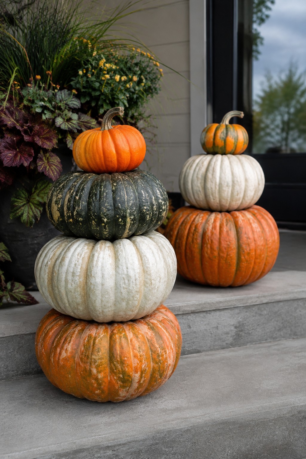 Two towers of stacked pumpkins in orange, white, and green sit on concrete steps beside potted plants.