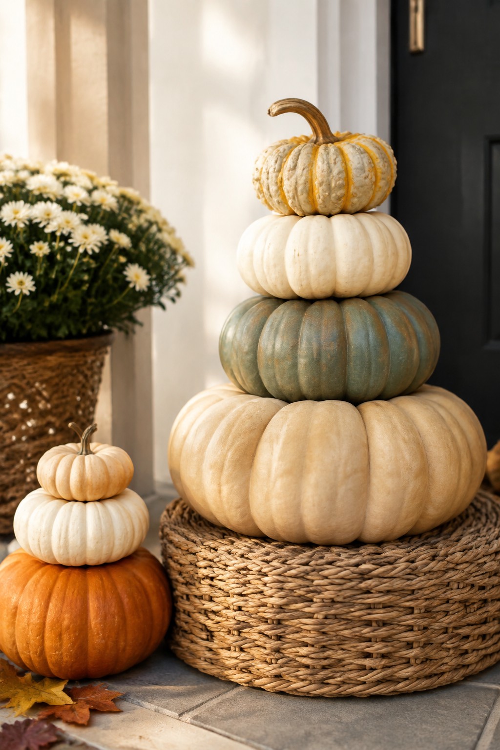 Tall stack of pumpkins in beige, white, and green tones arranged on a woven basket on a front porch next to a potted mum plant.